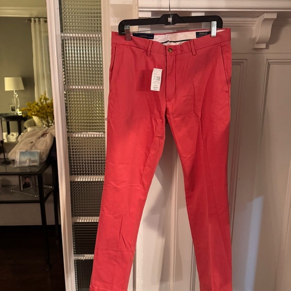 NWT Men Ralph Lauren Polo Logo Chino Slim Fit Flat Front Pants Sz 34x32 Red - Picture 2 of 12